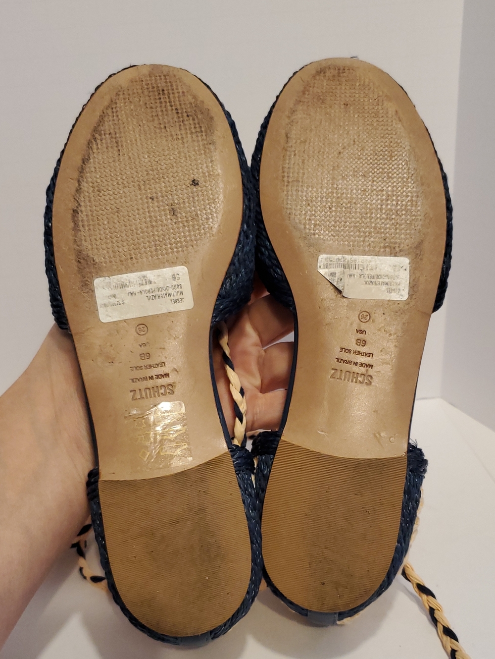 Schutz Jessel Flat Sandal Navy and Tan Straw Flats Size 6B - Picture 8 of 10